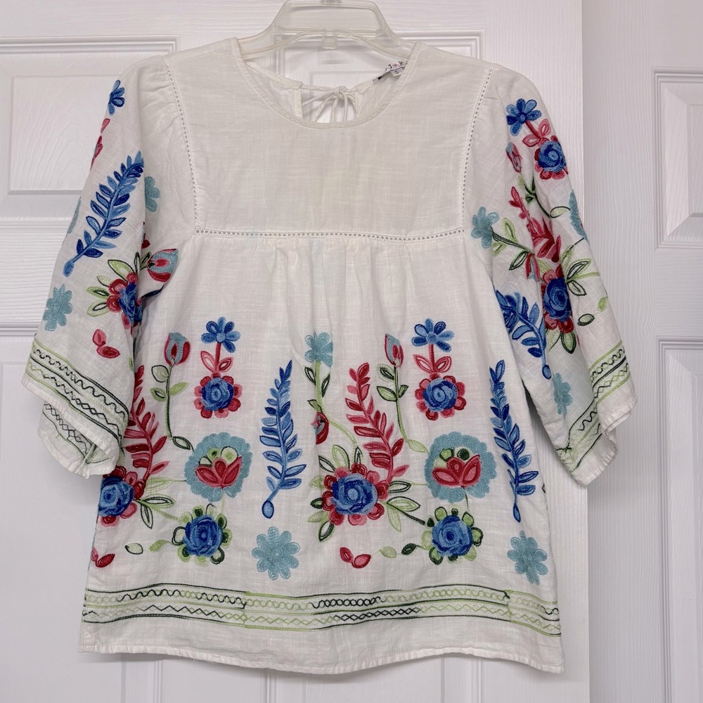 Joy Joy Multi Color Floral Embroidered Linen Look Cotton Boho Flowy Top Sz S